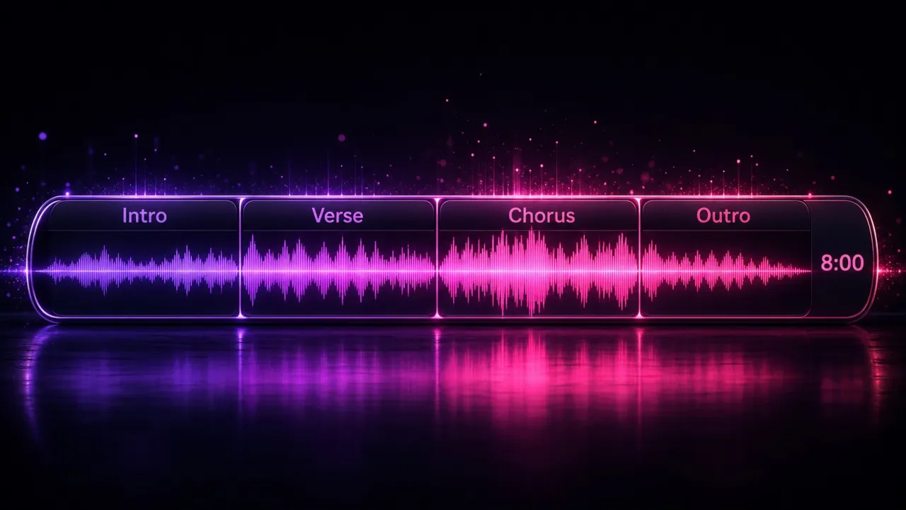 iLoveSong AI full-length song timeline with intro, verse, chorus, and outro