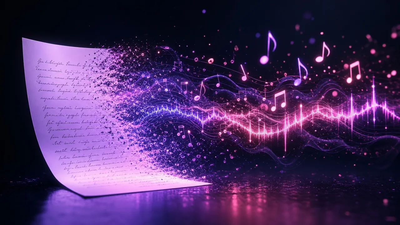 iLoveSong AI turning a page of lyrics into a full song with sound waves and music notes