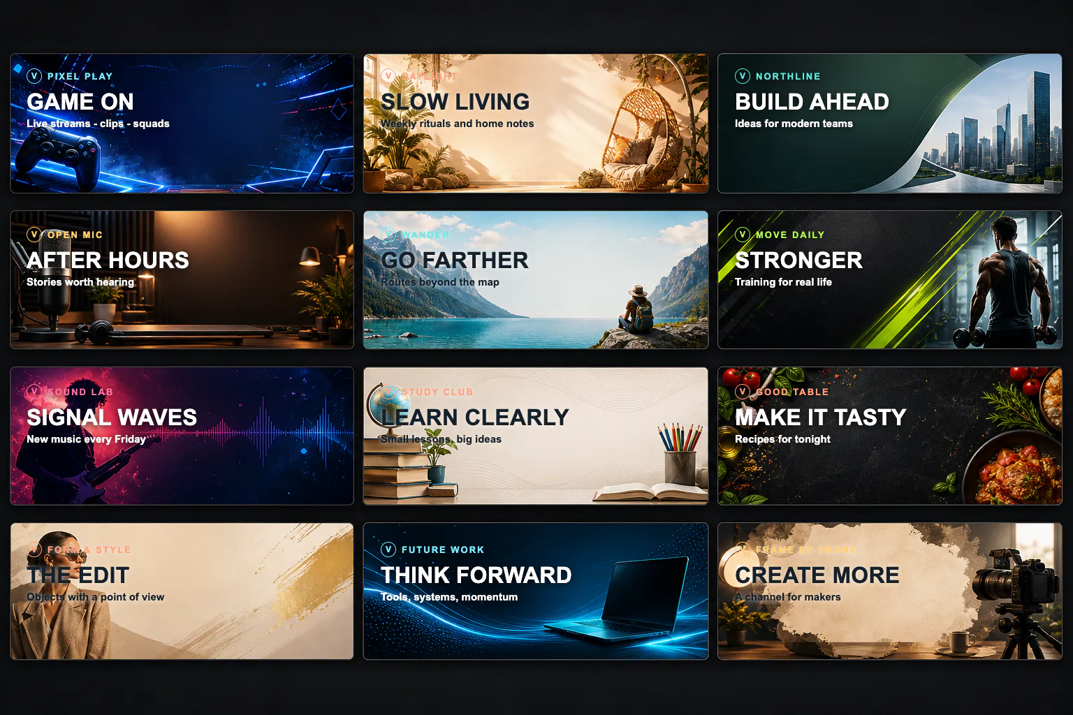 AI prompt workspace showing six YouTube channel banner concepts