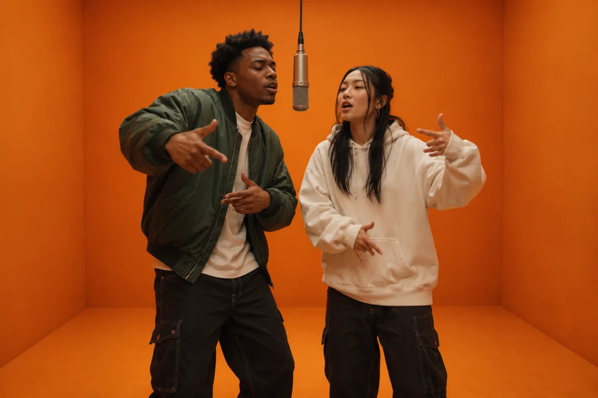 AI rap video frame: two friends in streetwear trading verses at a hanging microphone in an orange booth