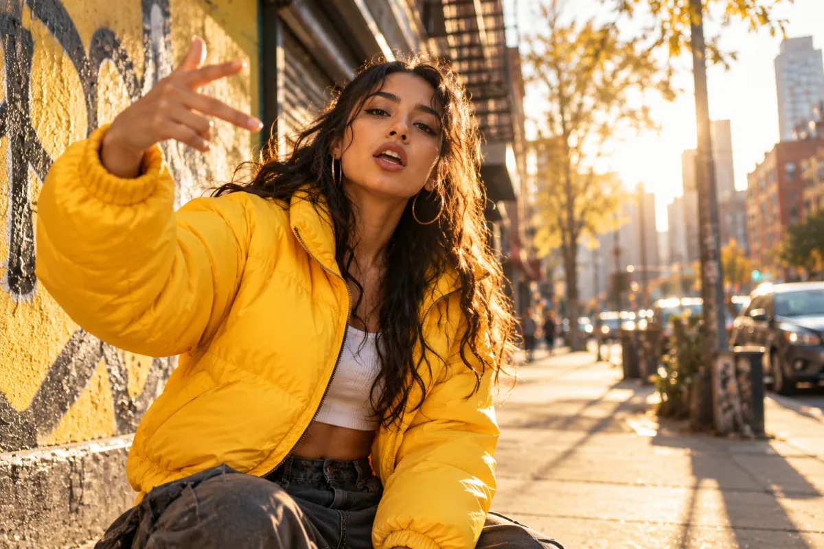 A young woman in a yellow puffer jacket rapping alone on a sunlit city sidewalk, one hand raised mid-bar