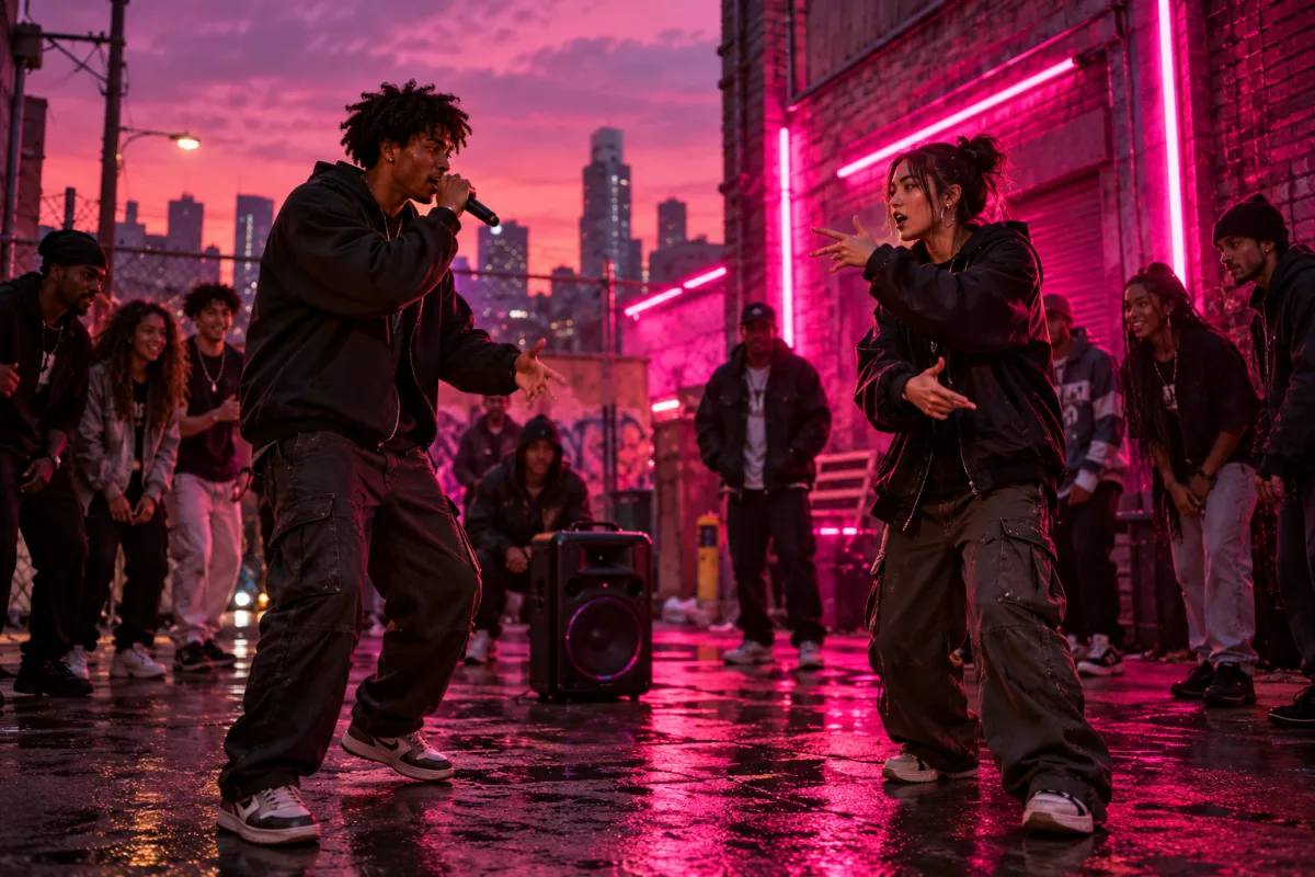 Street cypher at dusk with magenta neon lights, a portable speaker on wet pavement and two rappers mid-verse