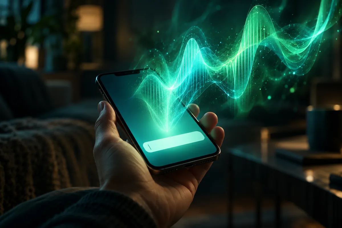 Phone with a topic text field on screen and a glowing teal and green sound wave rising from it