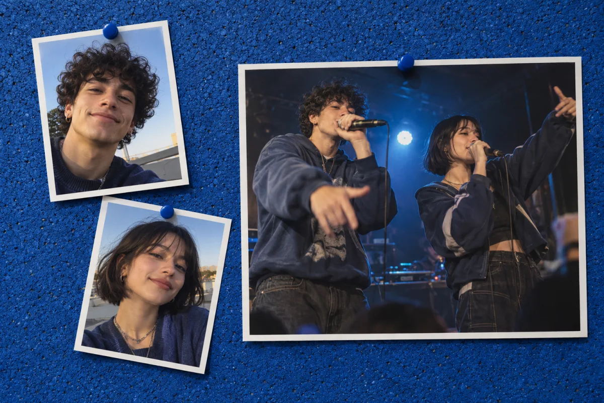 Two printed selfies of a young man and a young woman pinned to a blue board beside a photo of the same pair rapping on stage, man on the left