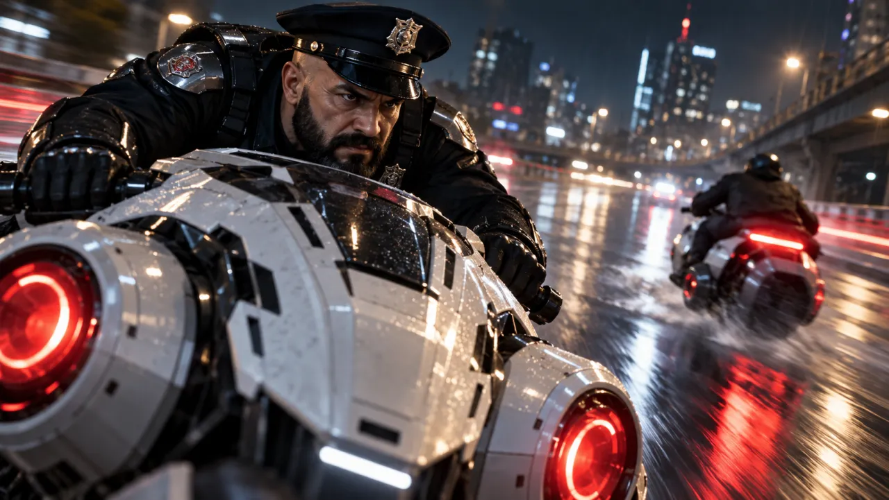 A man in a dark uniform and peaked cap on a white hover-bike, frowning as he chases a rider down a night road