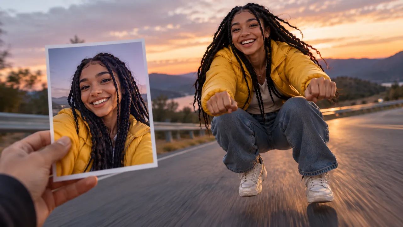 Close-up of the same young woman grinning while squatting on an invisible moped, her printed reference photo held beside the frame