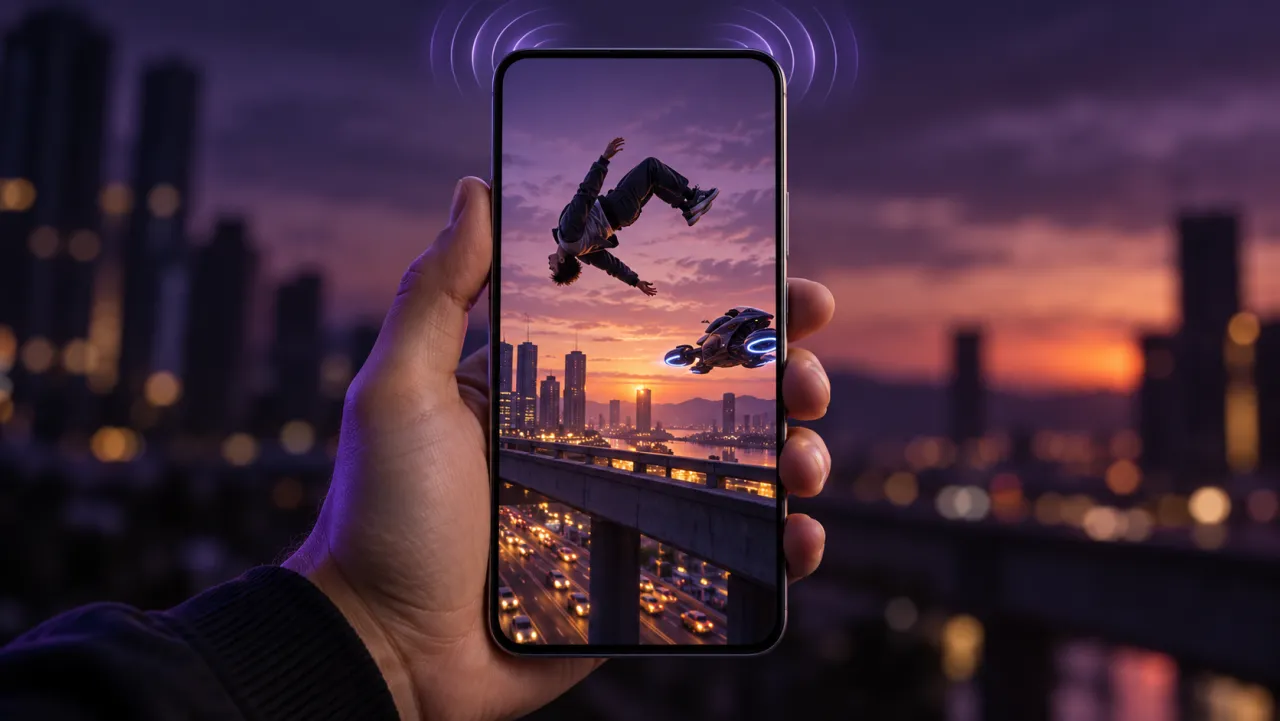 A phone in a hand playing a vertical video of a rider flipping in mid-air above a road, with sound waves around the phone