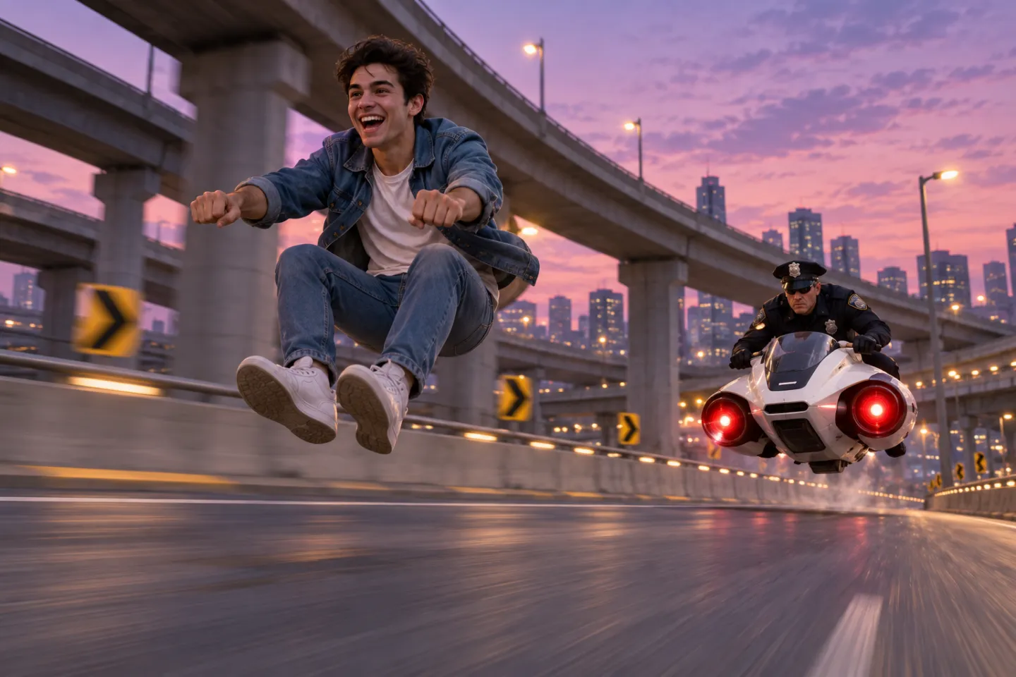 Crazy Frog AI video frame: a young man in a denim jacket squatting on an invisible moped on a concrete overpass at dusk while a cop on a white hover-bike chases him