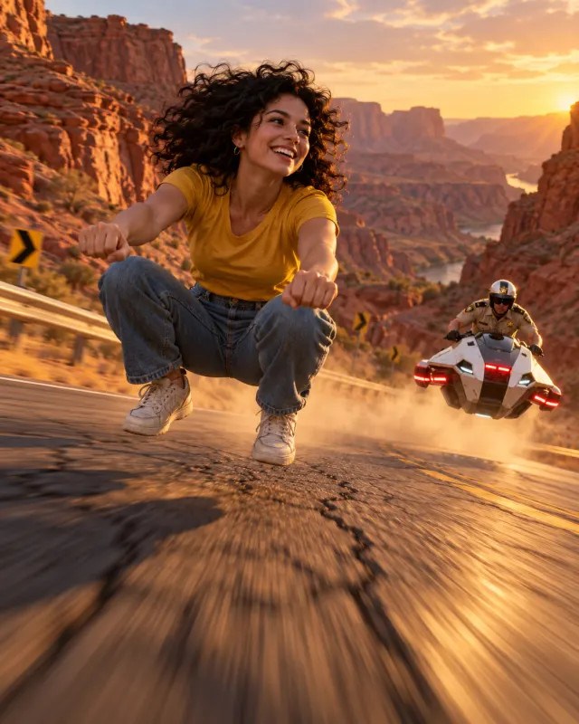 Crazy Frog AI desert scene: a woman with curly hair squatting on an invisible moped on a red canyon road at golden hour