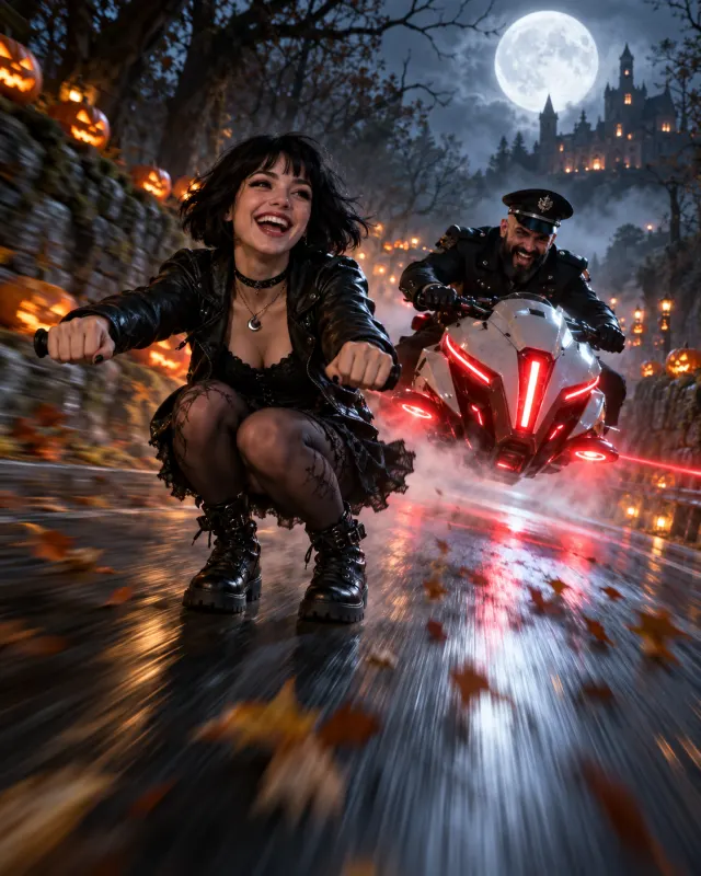 Crazy Frog AI Halloween scene: a grinning woman on an invisible moped on a pumpkin-lined night road with a bearded cop on a hover-bike behind