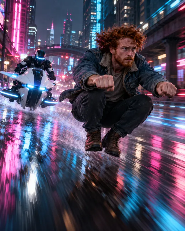 Crazy Frog AI neon city scene: a bearded man riding an invisible moped down a wet street lit by pink and cyan neon signs