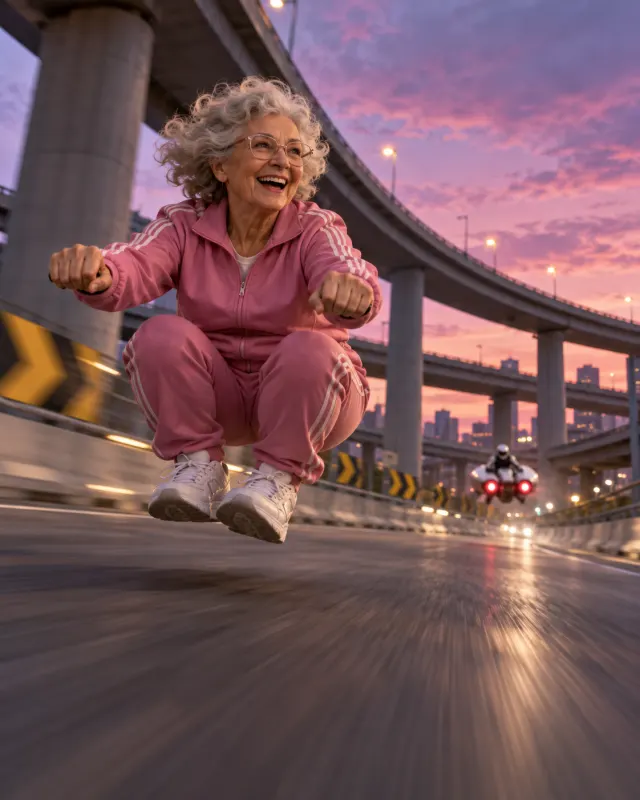 Crazy Frog AI overpass scene: a woman in a pink tracksuit squatting mid-ride on an invisible moped on a grey highway overpass under a lilac dusk sky