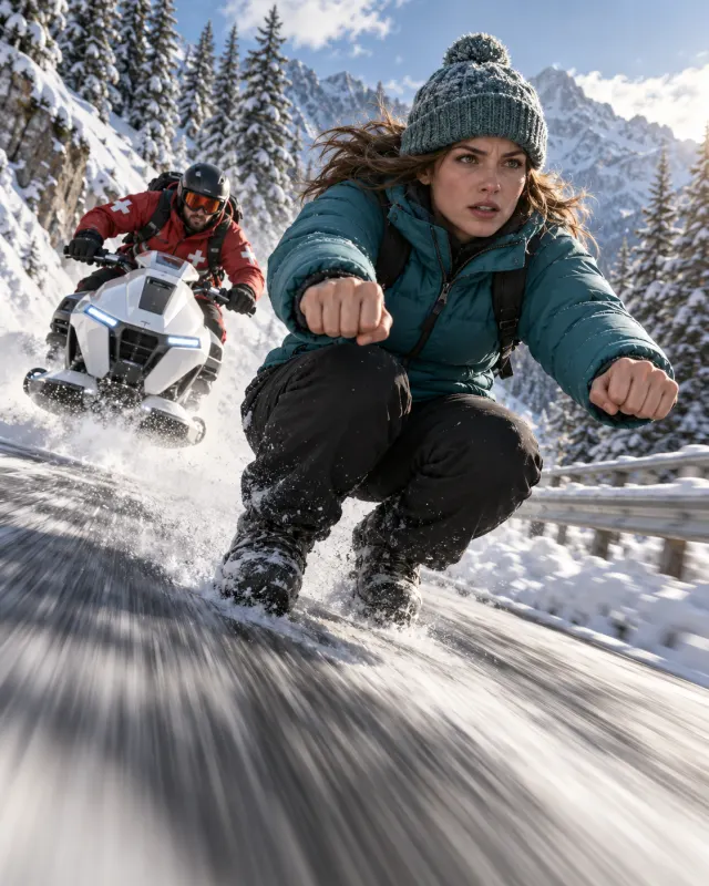 Crazy Frog AI snowy scene: a woman in a puffer jacket squatting on an invisible moped on a snowy mountain road between pine trees
