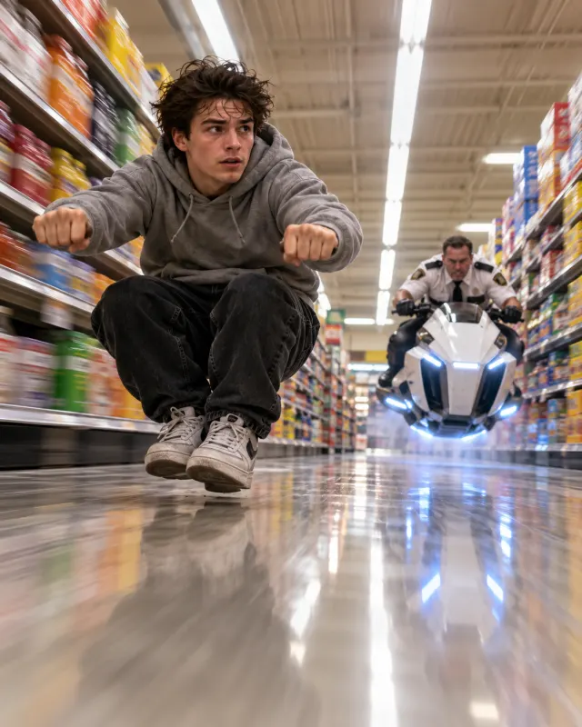 Crazy Frog AI supermarket scene: a man in a hoodie riding an invisible moped between full grocery shelves under fluorescent lights
