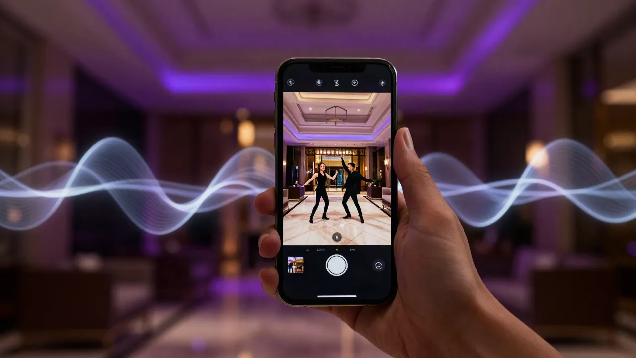 Hand holding a phone that plays a hotel lobby AI video of two dancers, with glowing sound waves around it