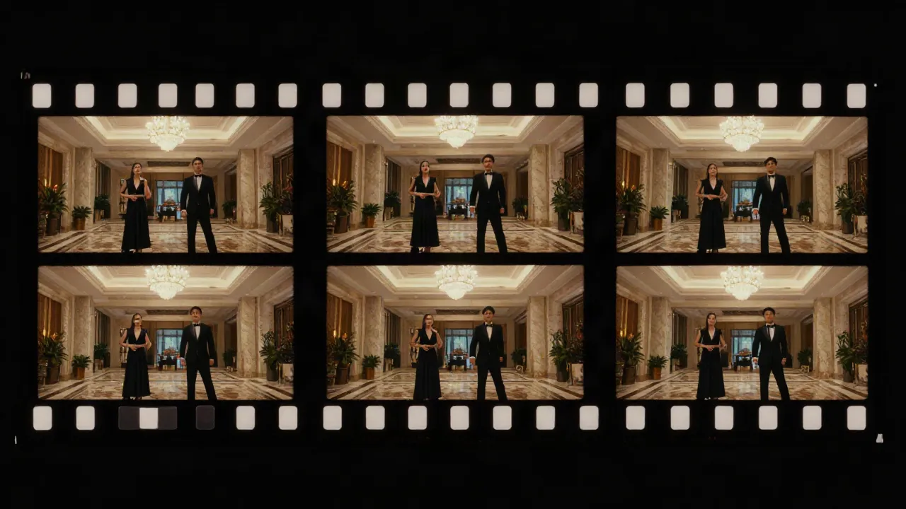 Film strip of six frames from one hotel lobby performance, a woman and a man in evening wear, with identical camera framing