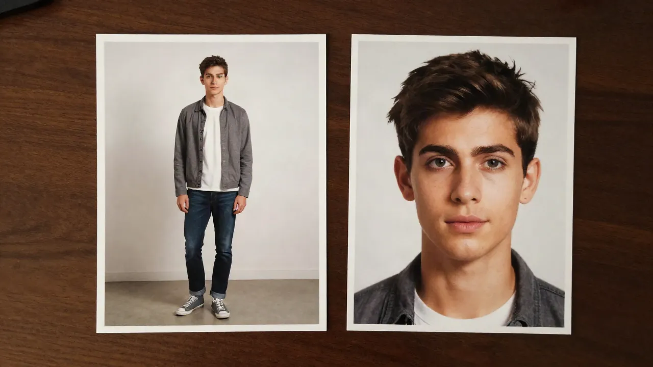A full-body photo and a face close-up of the same young man printed side by side as hotel lobby AI reference images