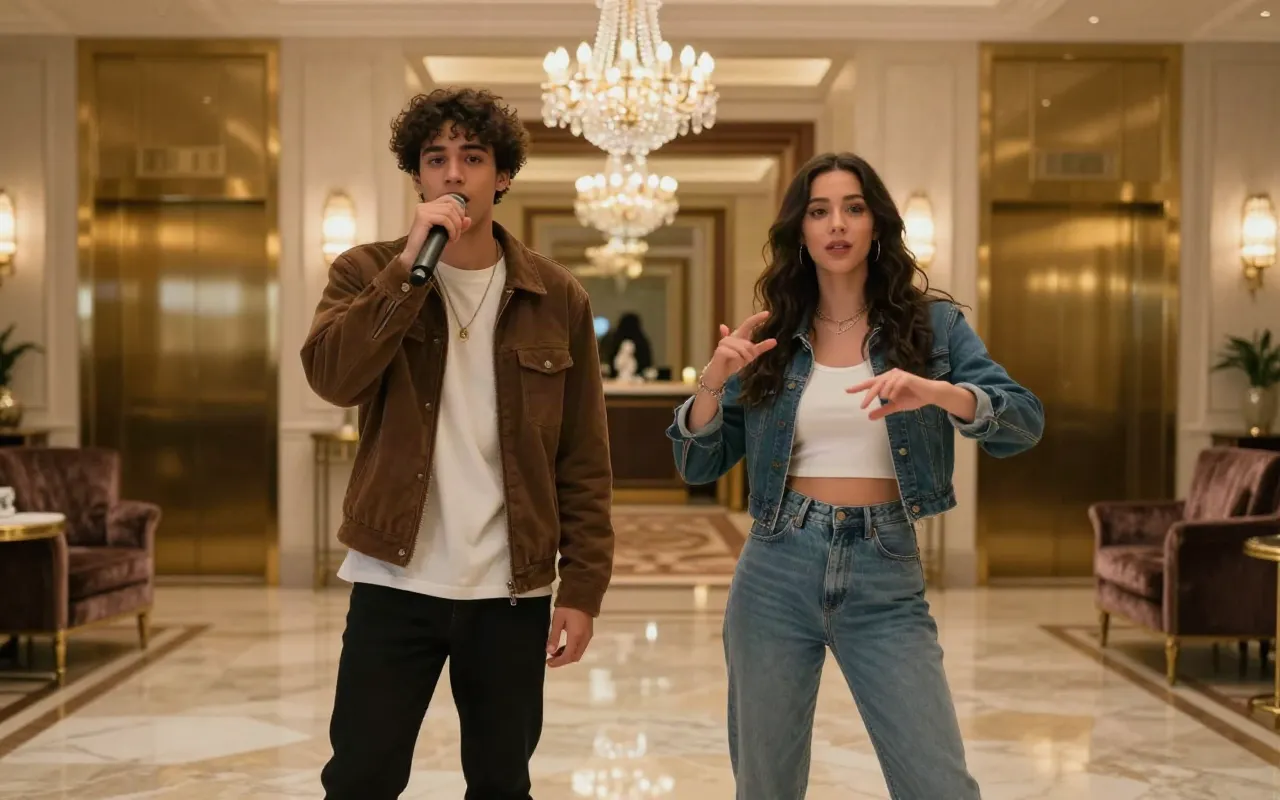 Hotel Lobby AI video frame: two friends performing side by side in a marble hotel lobby under warm chandelier light