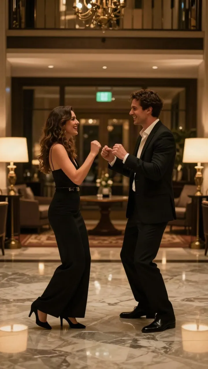 Hotel lobby AI anniversary video frame: a couple in evening outfits performing together in a hotel lobby at night