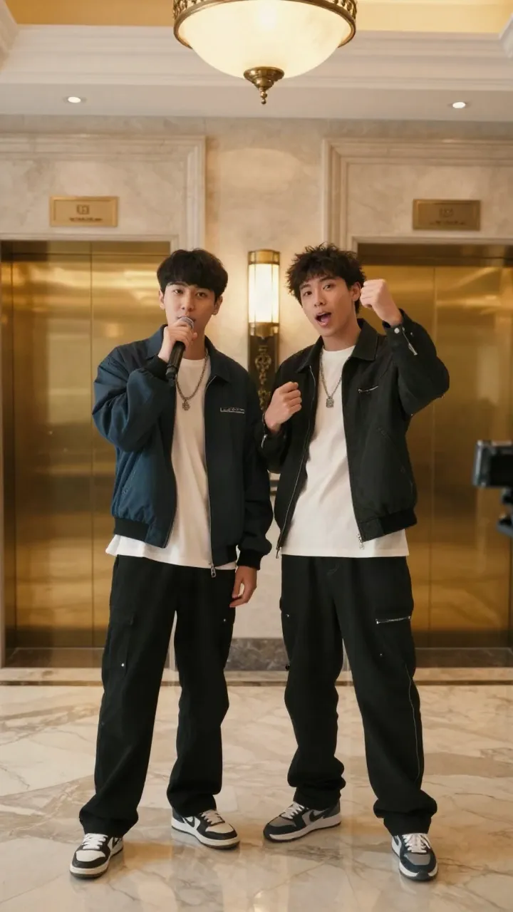 Hotel lobby AI prompt result: two friends in streetwear rapping side by side in a marble hotel lobby, one holding a microphone