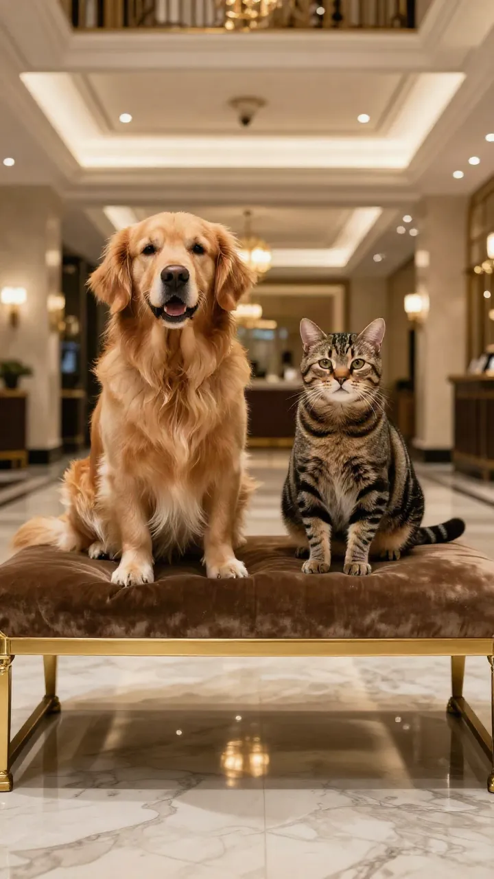 Hotel lobby AI pet version: a golden retriever and a tabby cat side by side on a velvet bench in a gold-lit hotel lobby