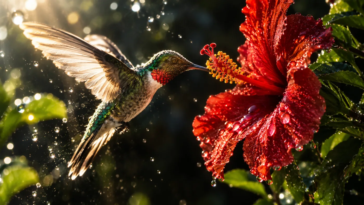 Ultra-detailed close-up of a hummingbird hovering at a red flower, backlit water droplets and deep shadow detail