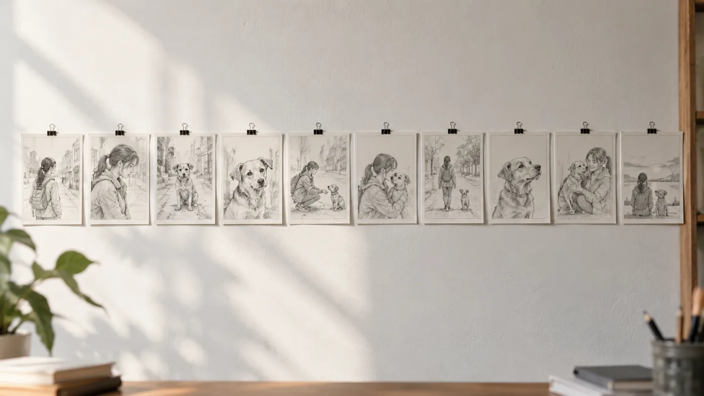 Storyboard of ten hand-drawn keyframes pinned in a row on a studio wall, tracing a short story from start to finish