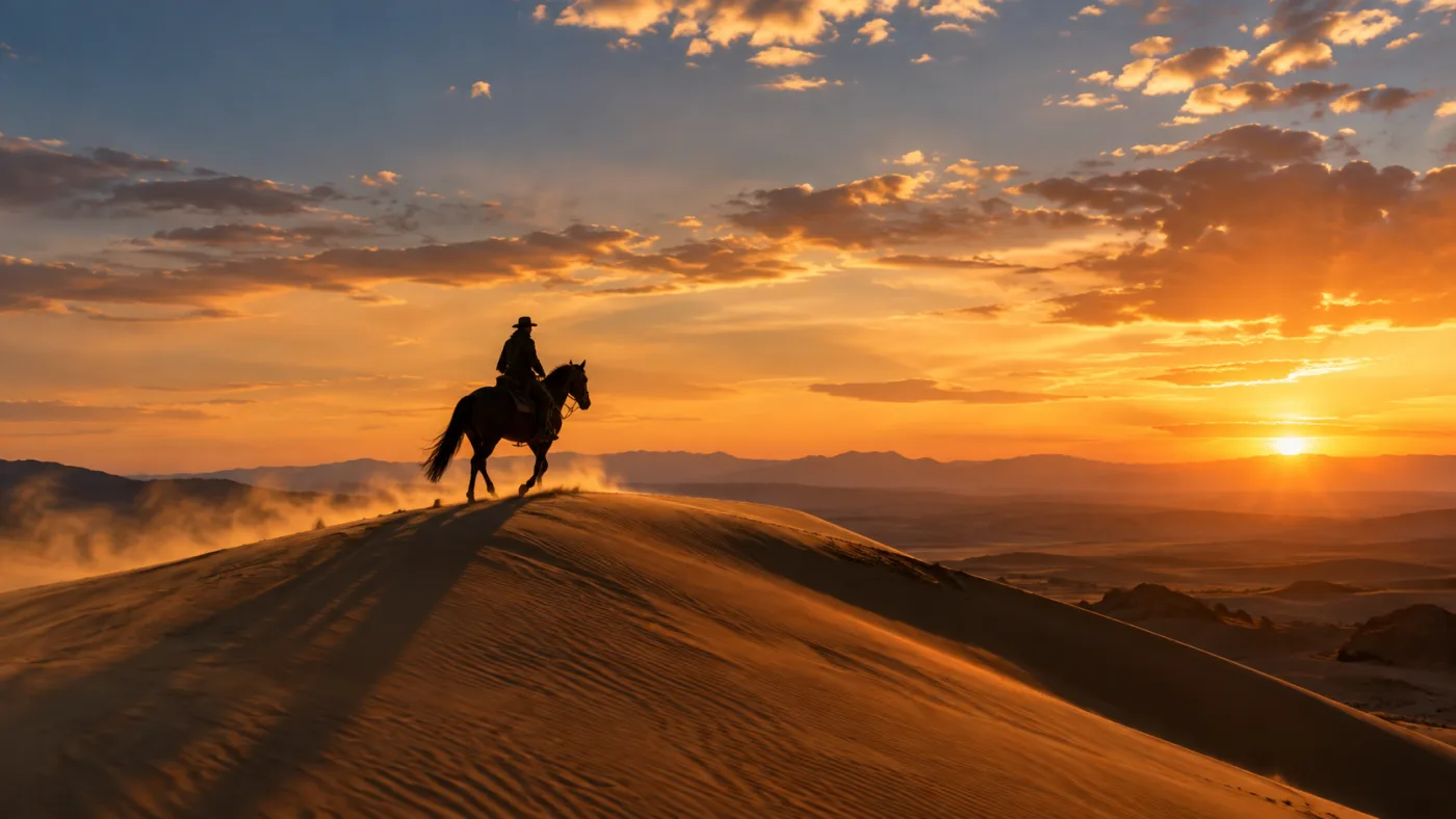 Widescreen cinematic frame of a rider crossing a desert ridge at golden hour, the kind of long take Kling 4.0 is built for