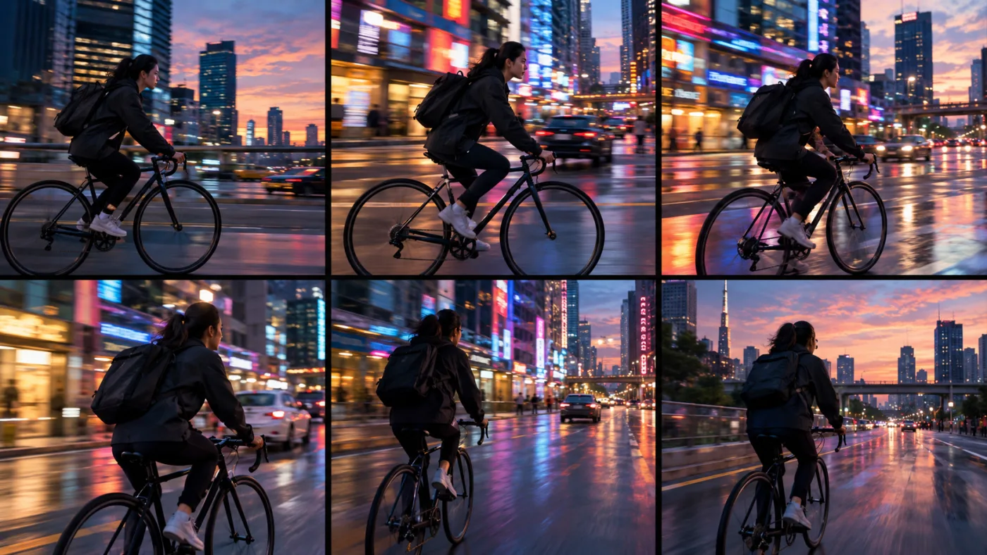 Six sequential frames of one continuous tracking shot following a cyclist through a neon-lit city street at dusk