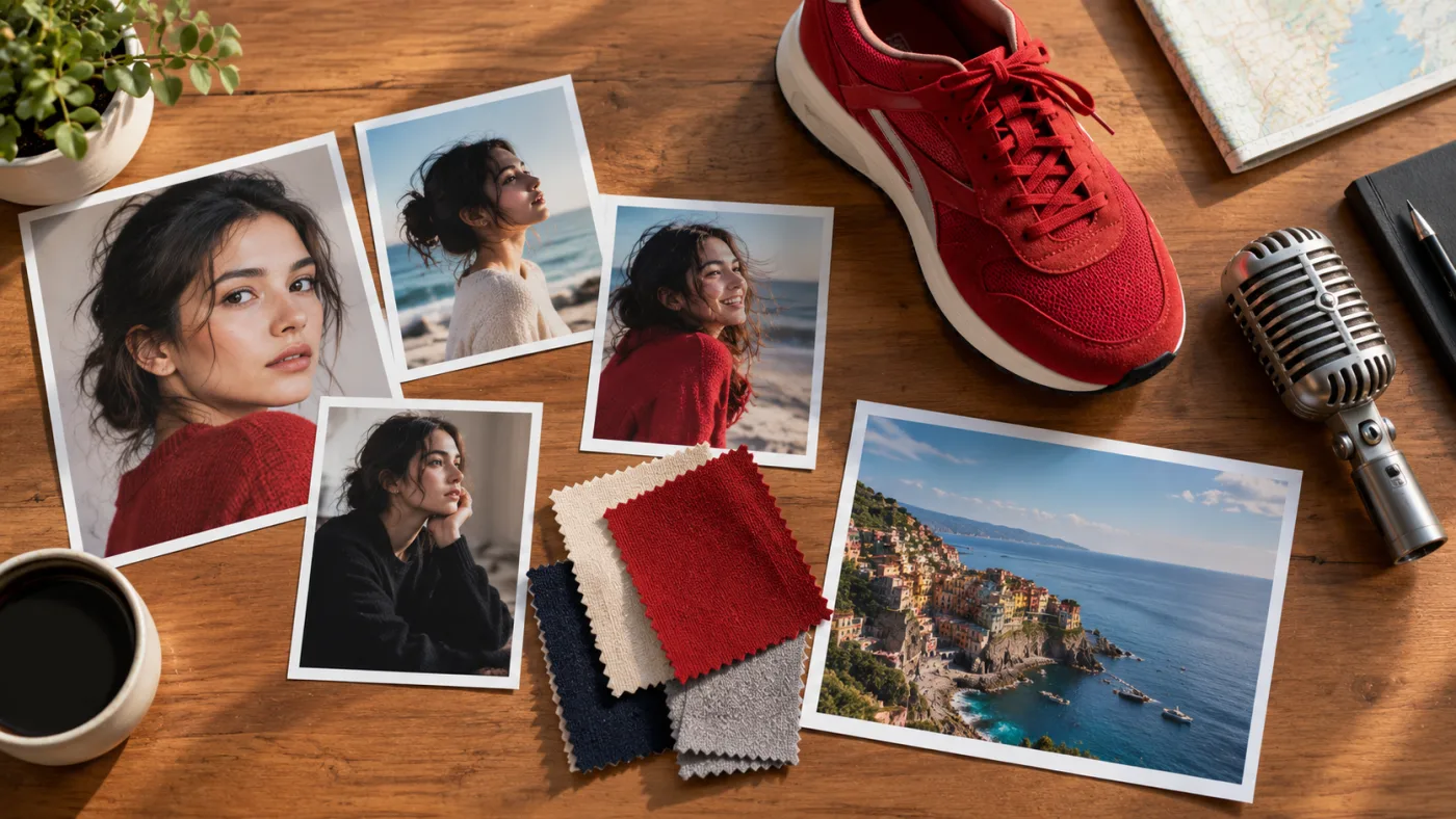 Flat lay of reference material for one video: portrait prints, a red sneaker, fabric swatches, a location photo and a small microphone