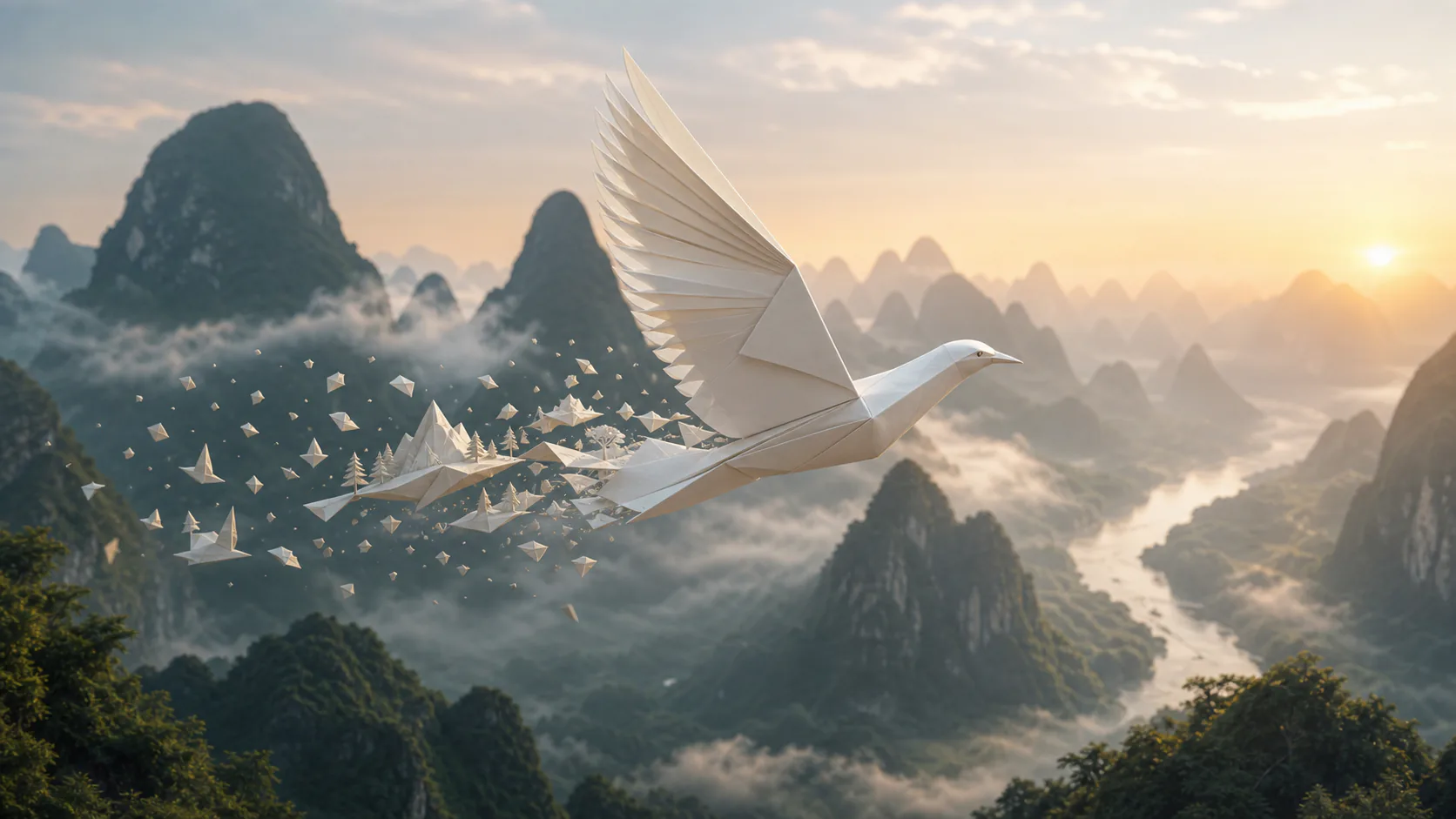A silver origami bird flying through a violet light trail