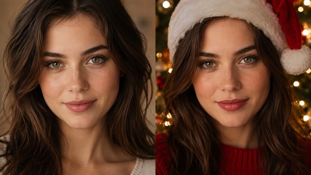 ai christmas photo - same face preserved before and after