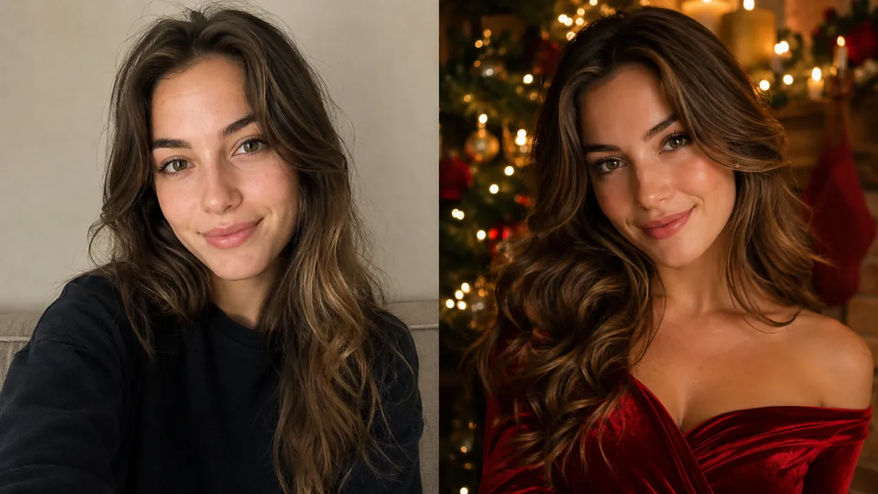 ai christmas photo generator - photo before and after festive christmas restyle