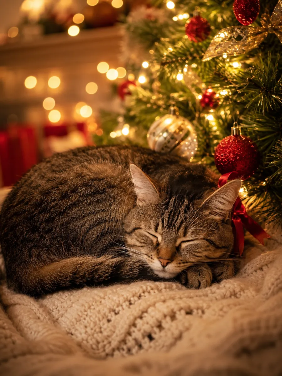 ai christmas photo example - cat beside a christmas tree
