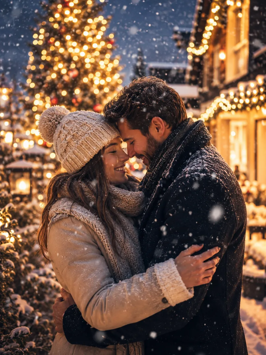 ai christmas photo example - couple in the snow with holiday lights