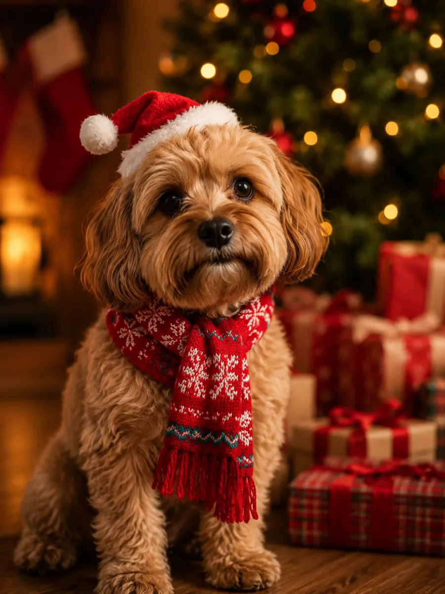 ai christmas photo example - dog wearing a santa hat