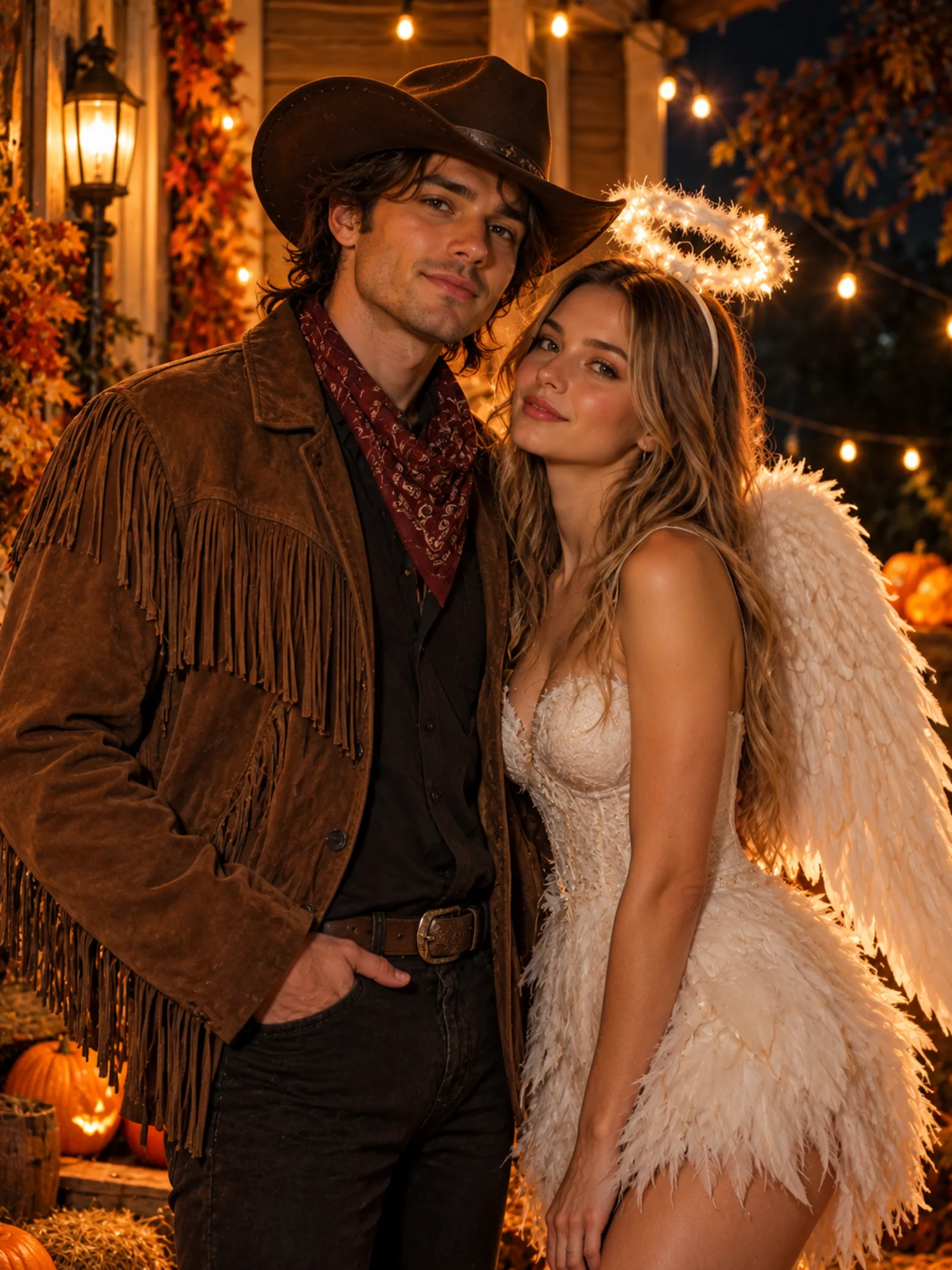 ai halloween photo - cowboy and angel couple costume example
