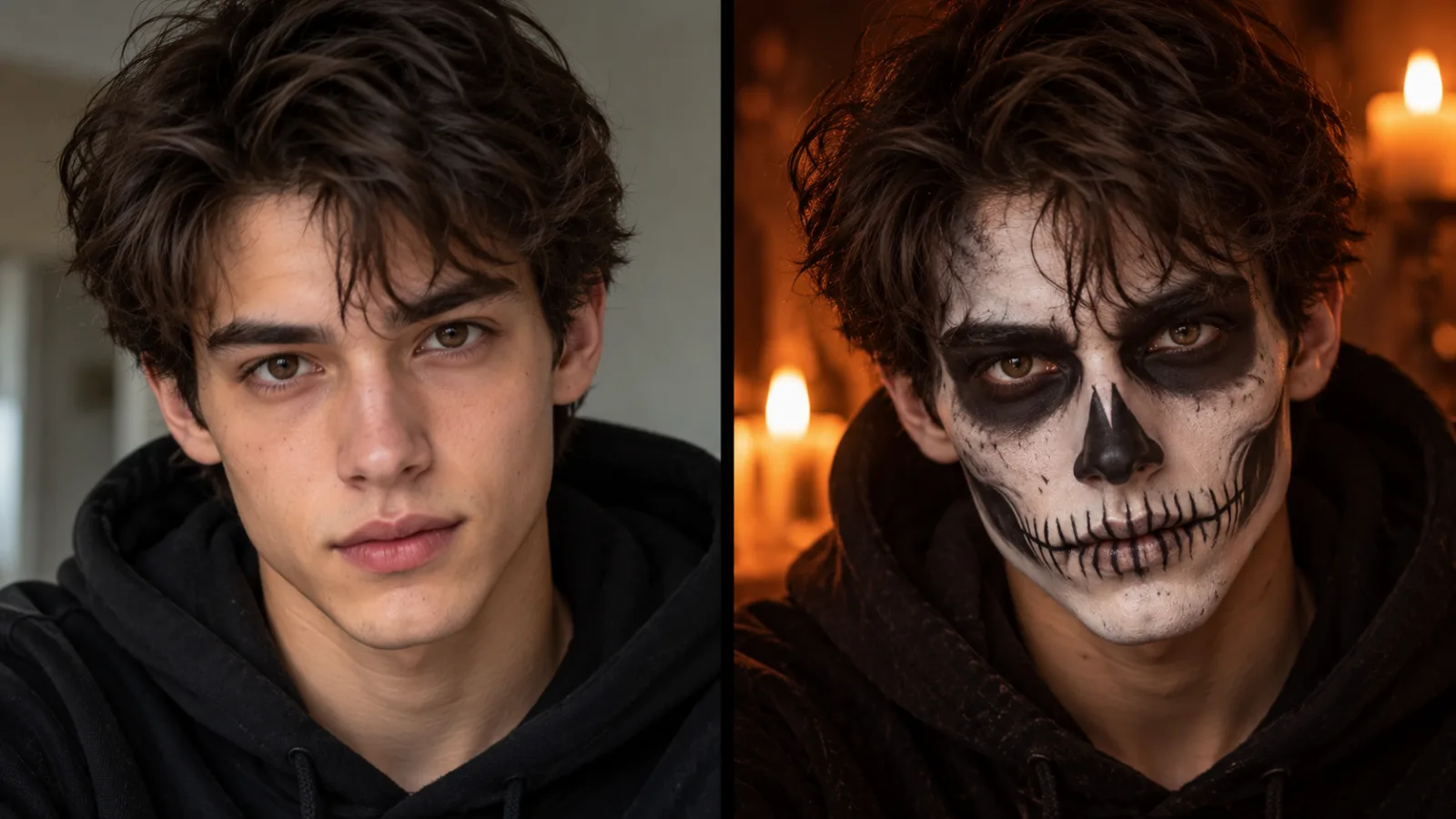 ai halloween photo - same face preserved before and after the costume edit