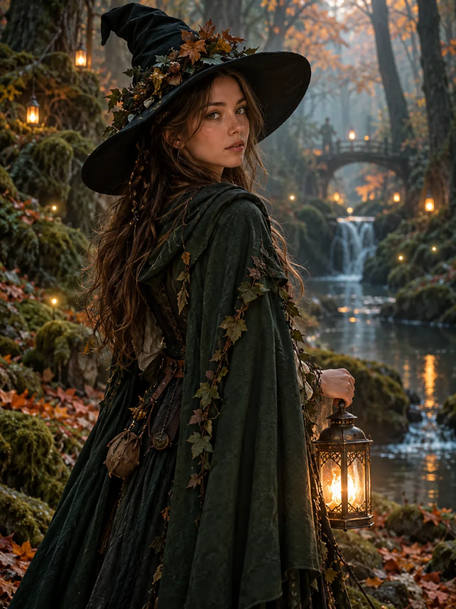ai halloween photo example - forest witch with lantern