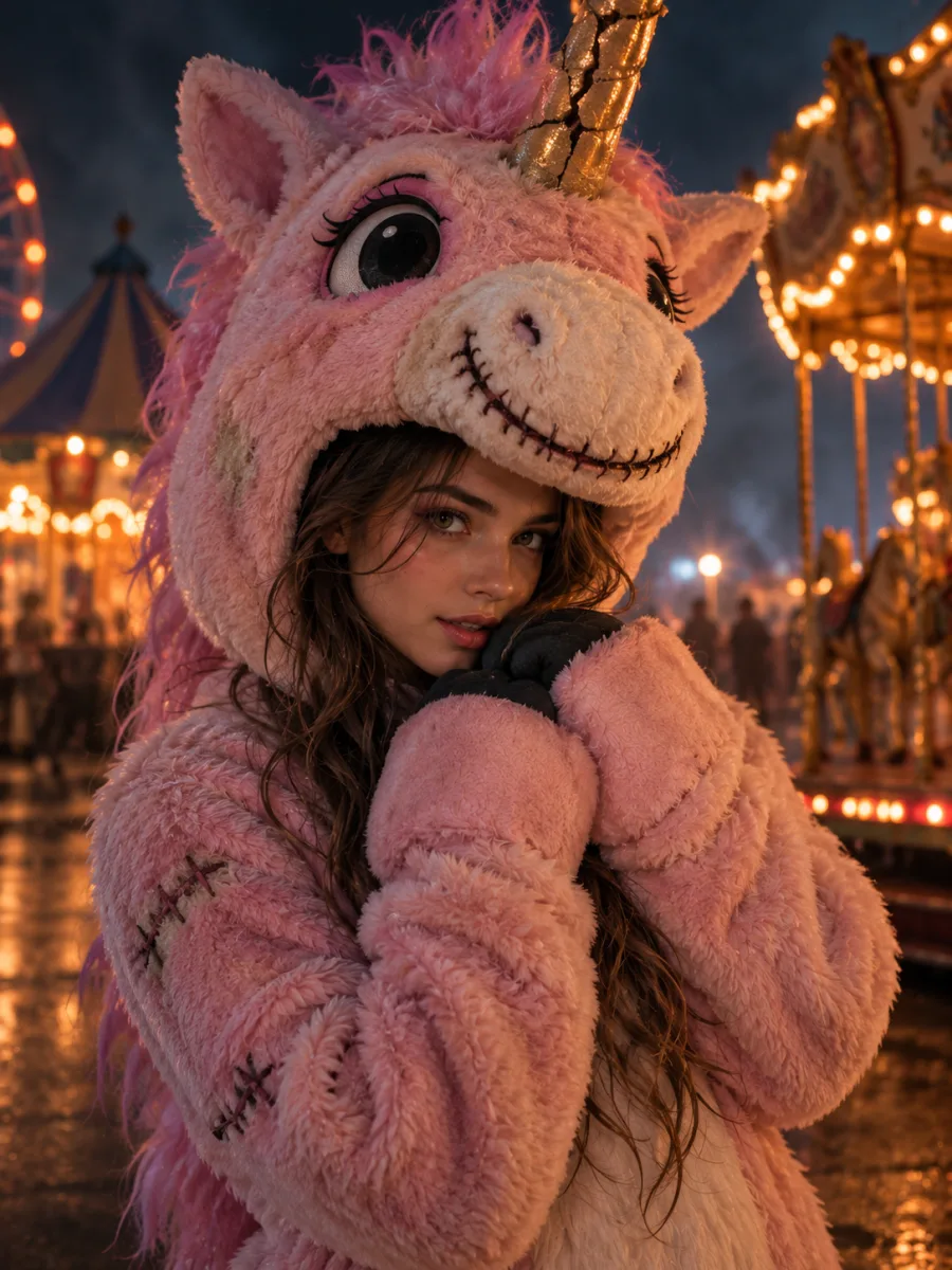 ai halloween photo example - haunted unicorn mascot costume portrait