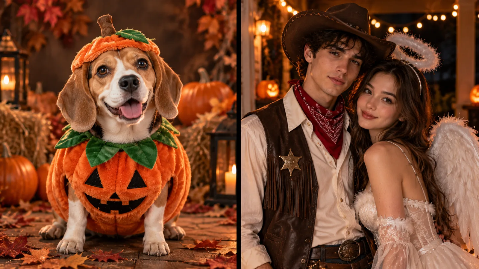 ai halloween photo - pet pumpkin costume and couple duo costume examples