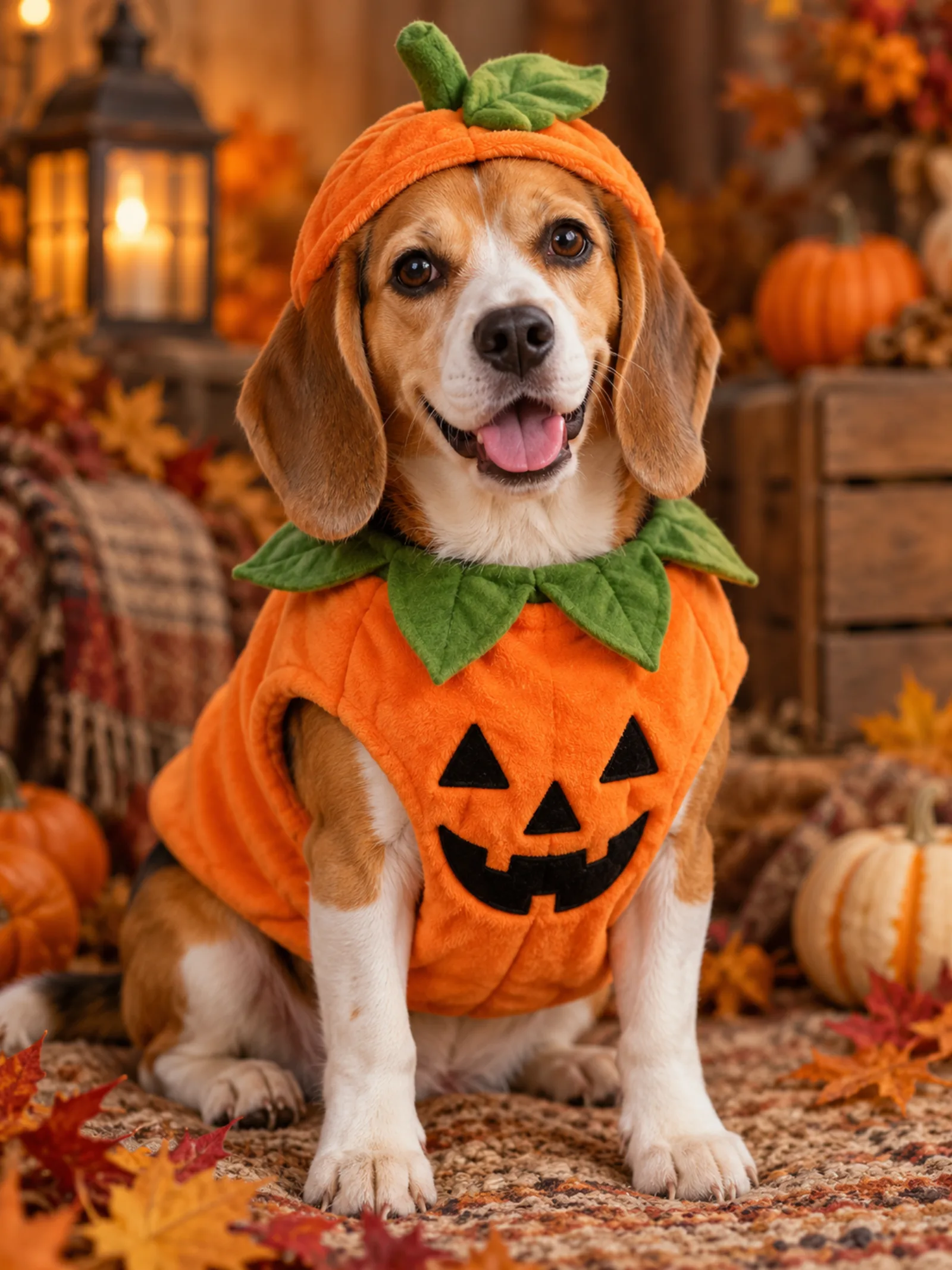 ai halloween photo - dog in a pumpkin costume example
