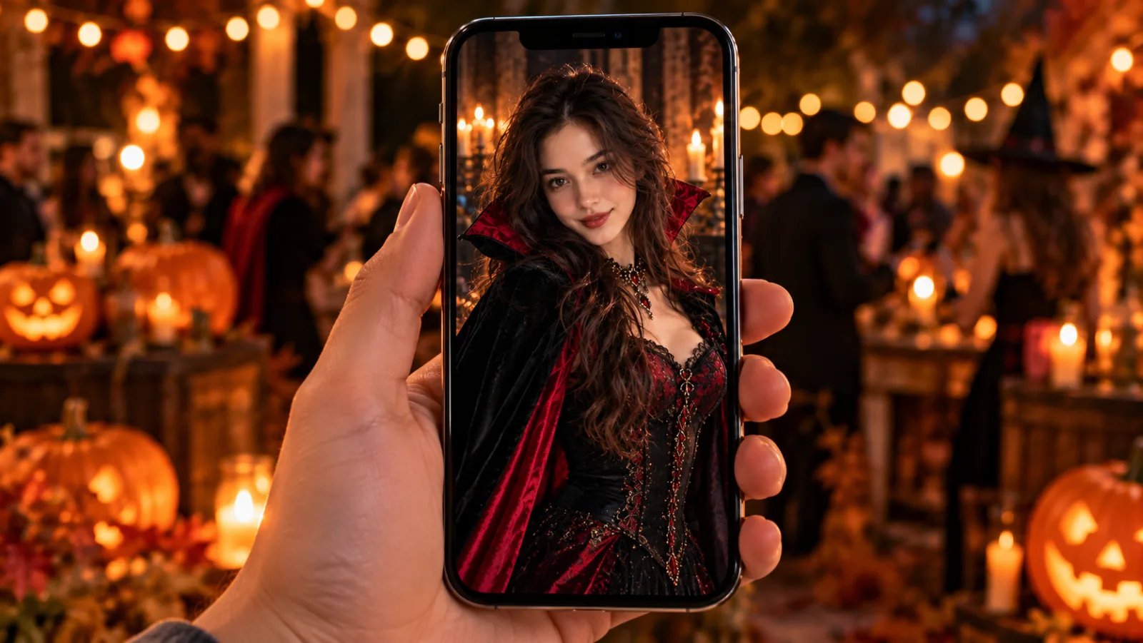 ai halloween photo trend - phone showing a generated costume portrait ready to post