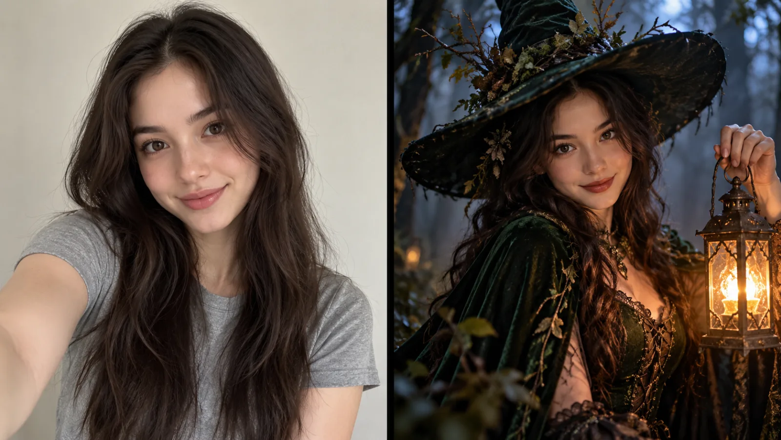 ai halloween photo generator - photo before and after spooky costume restyle