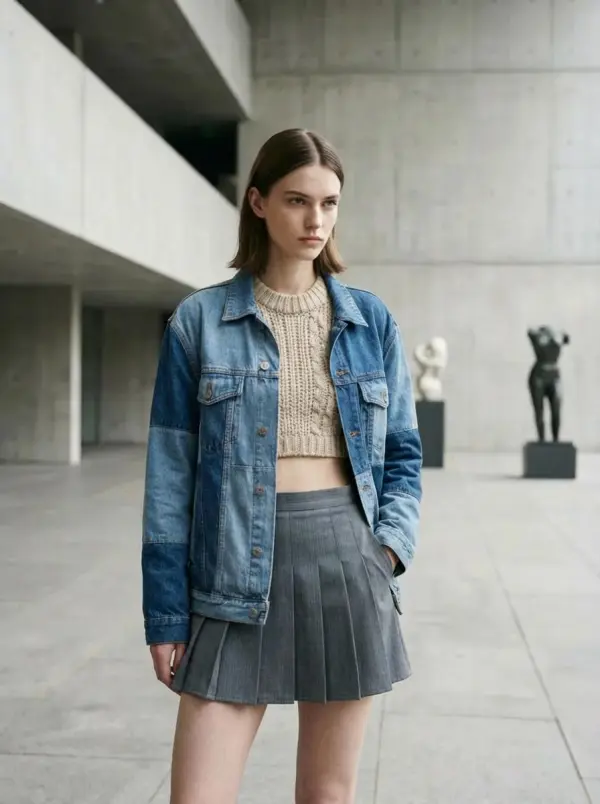 A Woman Stands Outdoors In A Modern Concrete Setting Wearing A Denim Jacket Knit Crop Top And Pleated Skirt