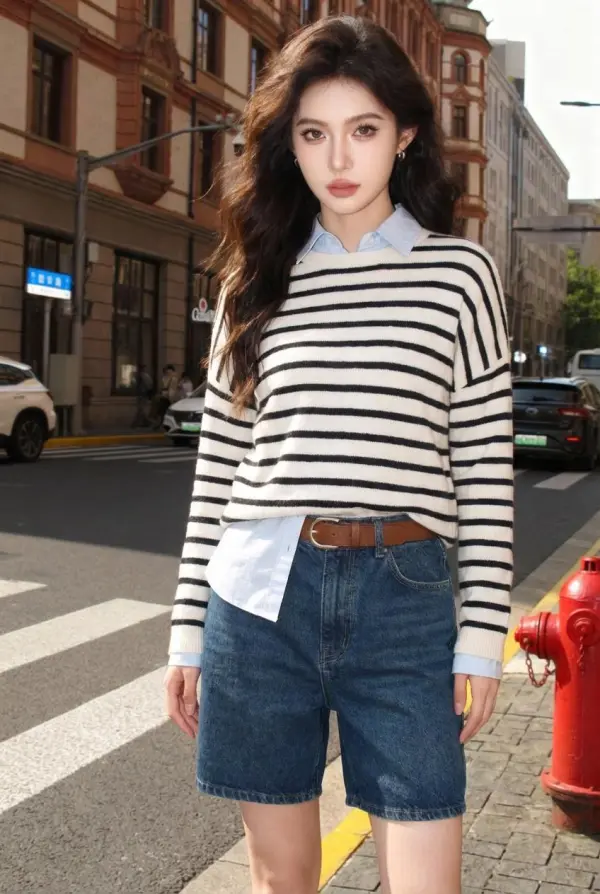 A Woman Wearing A Striped Sweater And Denim Shorts Stands On A City Street Surrounded By Classic Architecture And Parked Cars