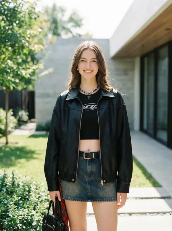 A Woman Stands Outdoors In A Stylish Outfit Featuring A Leather Jacket And Denim Skirt With A Modern Building And Greenery In The Background