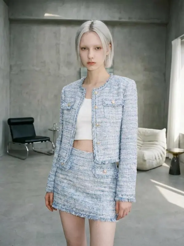 A Woman Stands In A Modern Minimalistic Room Wearing A Stylish Blue Tweed Outfit