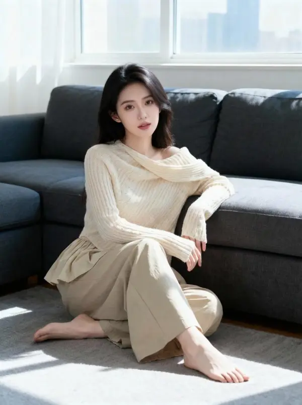A Woman Sits Comfortably On The Floor In A Bright Modern Living Room With Natural Light Streaming Through The Windows