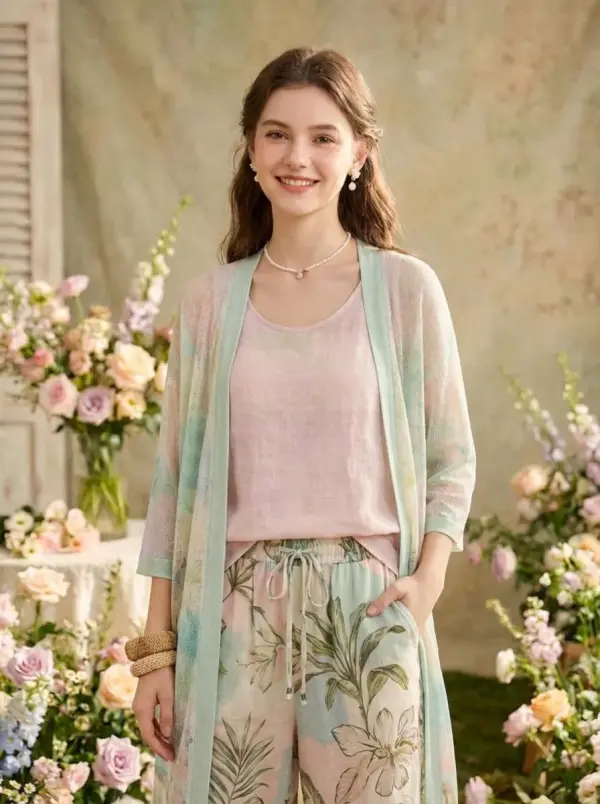 A Woman Stands In A Garden-Inspired Setting Surrounded By Soft Pastel Flowers Wearing A Light And Breezy Outfit